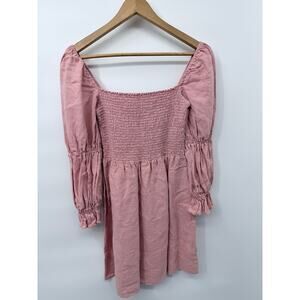 Reformation 100% Linen Long Sleeve Smocked Top Mini Dress Pink Mauve Size L